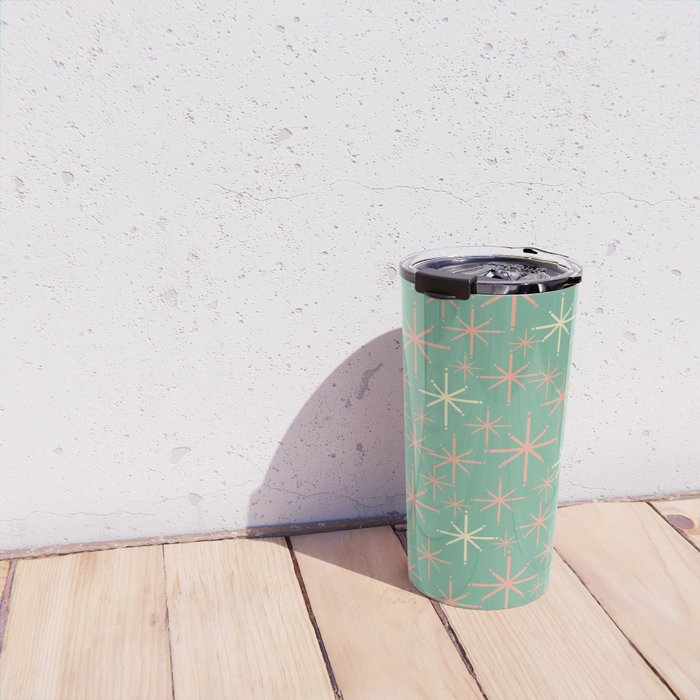 Starbursts Mid Century Modern Retro Pattern in Blush Pink, Cream, and Mint Teal Travel Mug Gallery Image 4