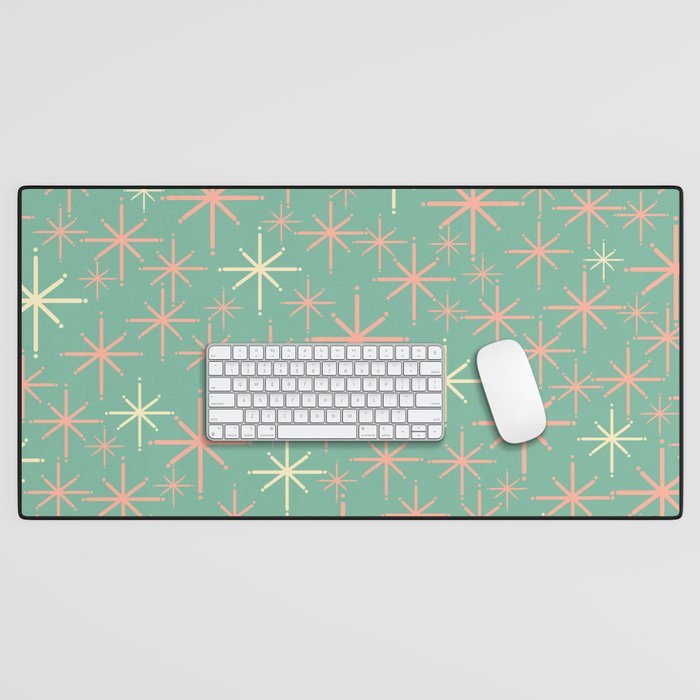 Starbursts Mid Century Modern Retro Pattern in Blush Pink, Cream, and Mint Teal Desk Mat Gallery Image 1