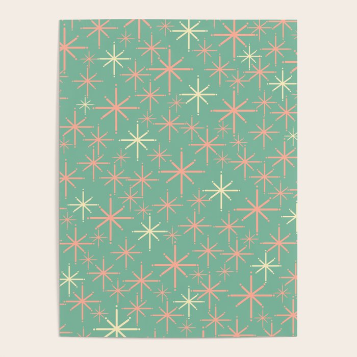 Starbursts Mid Century Modern Retro Pattern in Blush Pink, Cream, and Mint Teal Poster Gallery Image 4