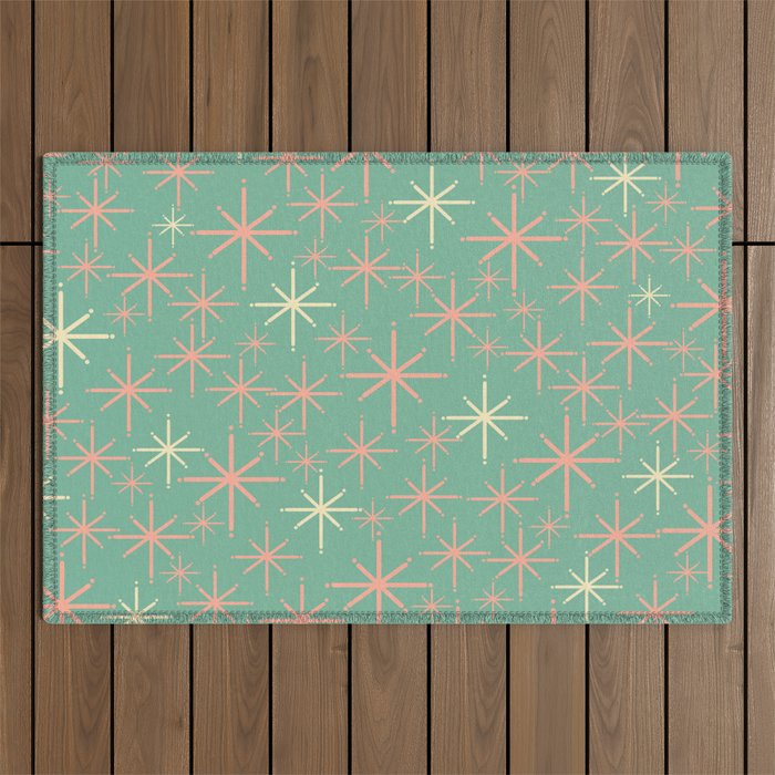 Starbursts Mid Century Modern Retro Pattern in Blush Pink, Cream, and Mint Teal Outdoor Rug Gallery Image 1