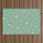 Starbursts Mid Century Modern Retro Pattern in Blush Pink, Cream, and Mint Teal Outdoor Rug Gallery Image 1