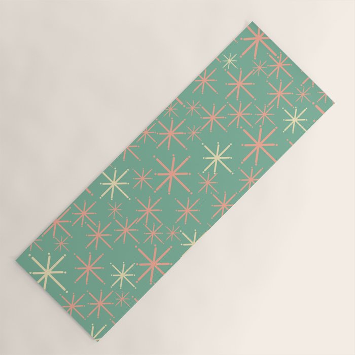 Starbursts Mid Century Modern Retro Pattern in Blush Pink, Cream, and Mint Teal Yoga Mat Gallery Image 1
