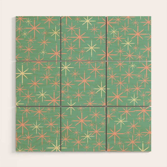 Starbursts Mid Century Modern Retro Pattern in Blush Pink, Cream, and Mint Teal Wood Wall Art Gallery Image 1