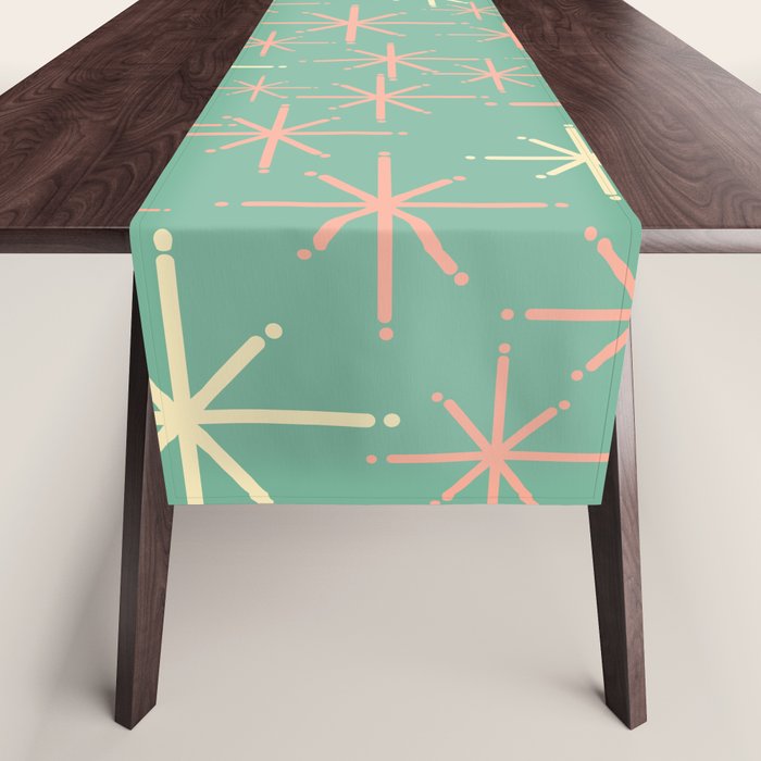 Starbursts Mid Century Modern Retro Pattern in Blush Pink, Cream, and Mint Teal Table Runner Gallery Image 1