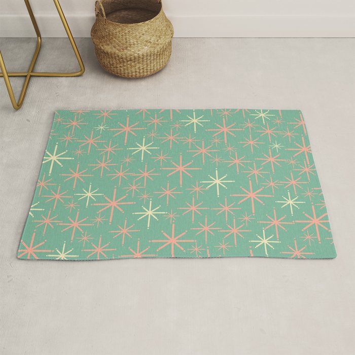 Starbursts Mid Century Modern Retro Pattern in Blush Pink, Cream, and Mint Teal Rug Gallery Image 1