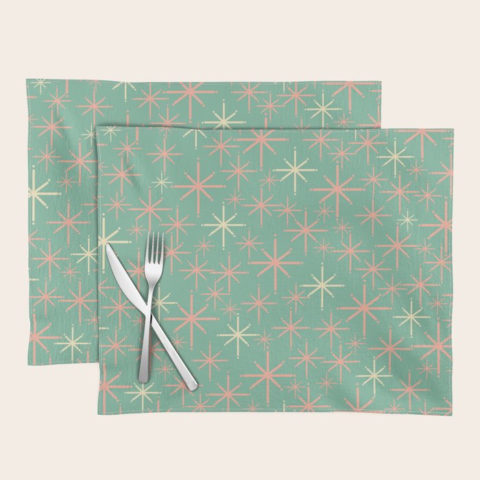 Starbursts Mid Century Modern Retro Pattern in Blush Pink, Cream, and Mint Teal Placemat Gallery Image 1