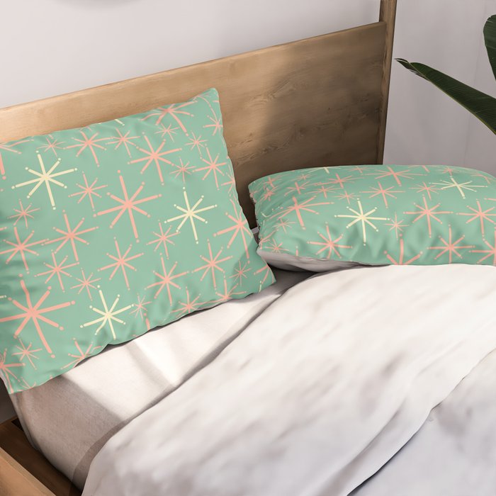 Starbursts Mid Century Modern Retro Pattern in Blush Pink, Cream, and Mint Teal Pillow Sham Gallery Image 2