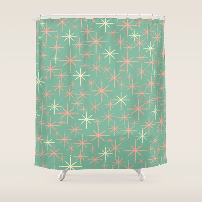 Starbursts Mid Century Modern Retro Pattern in Blush Pink, Cream, and Mint Teal Shower Curtain Gallery Image 1
