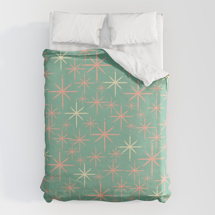Starbursts Mid Century Modern Retro Pattern in Blush Pink, Cream, and Mint Teal Duvet Cover Gallery Image 1