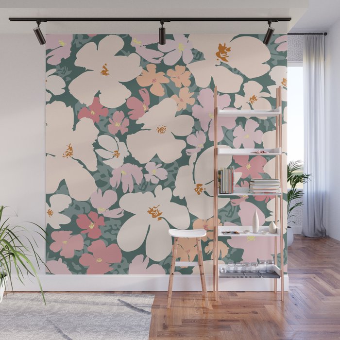 Peach and pink floral field pattern Wall Mural Gallery Image 1
