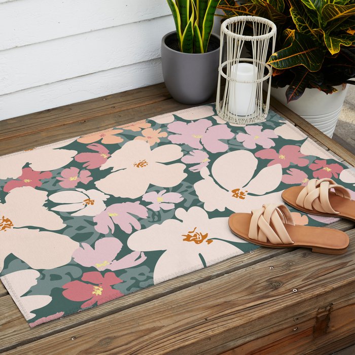 Peach and pink floral field pattern Outdoor Rug Gallery Image 2