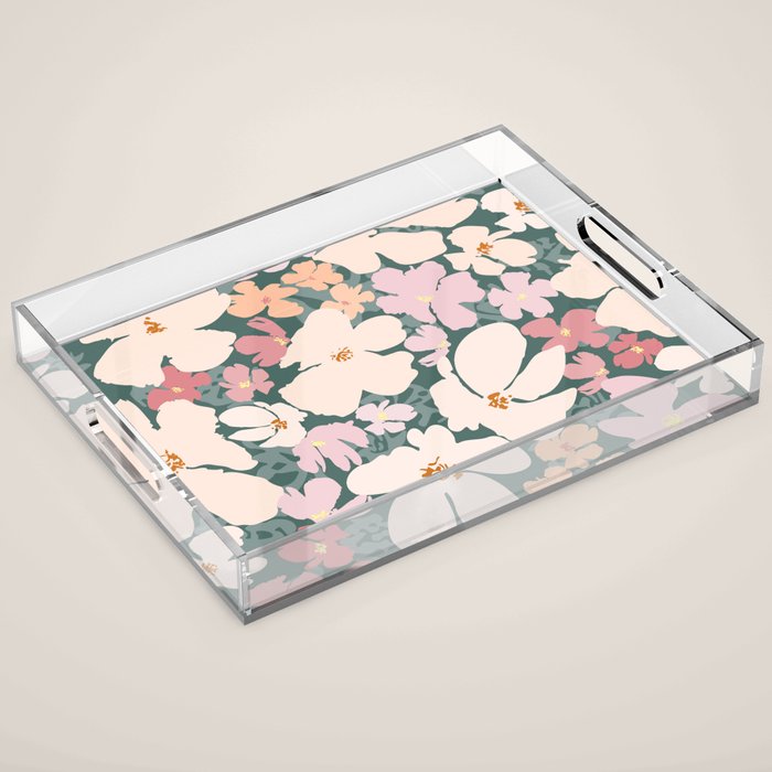 Peach and pink floral field pattern Acrylic Tray Gallery Image 1
