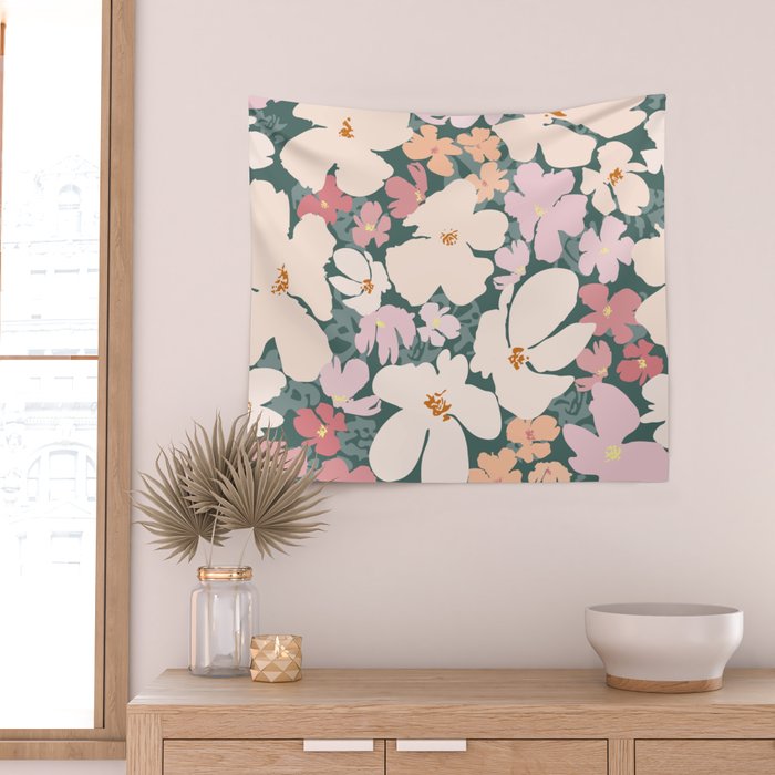 Peach and pink floral field pattern Wall Tapestry Gallery Image 2