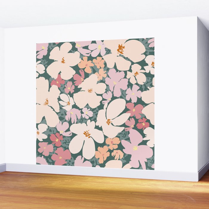 Peach and pink floral field pattern Wall Mural Gallery Image 2
