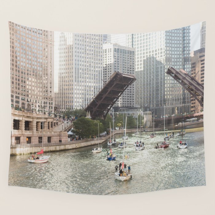 Chicago River, Bridges Up Wall Tapestry Gallery Image 1
