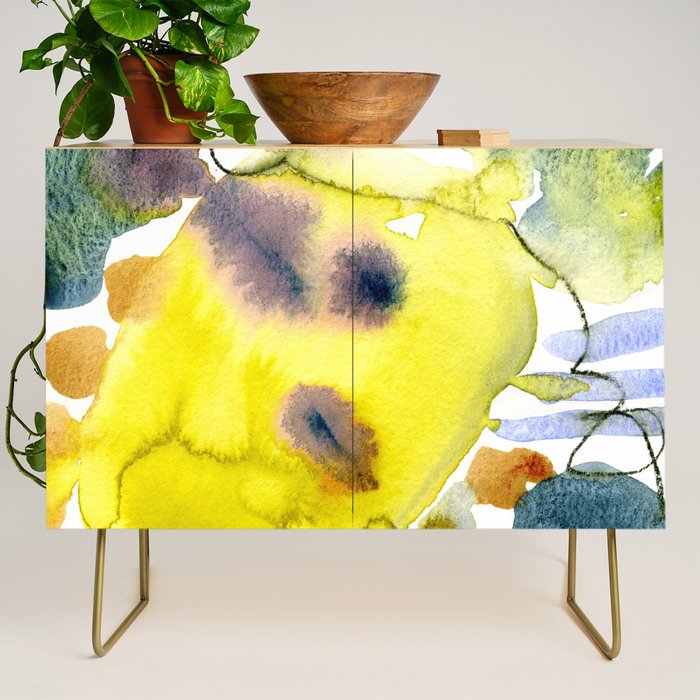 Spring Equinox 2 x colorful yellow watercolor abstract painting happy Credenza Gallery Image 1