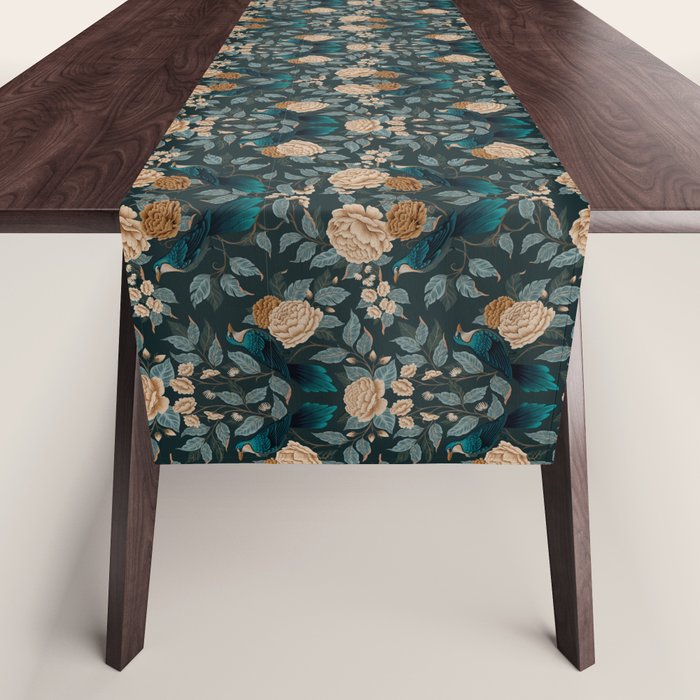 Spring Song - Dark Teal Birds and Floral Print Table Runner Gallery Image 1