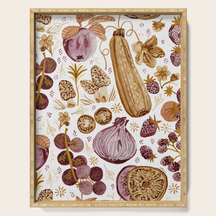 Garden Vegetables & Fresh Fruit in Ochre & Burgundy Serving Tray Gallery Image 1