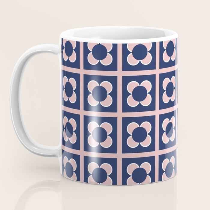 Scandi Flower Minimalist Mid Century Floral Pattern in Pink, White, and Navy Blue Coffee Mug Gallery Image 3