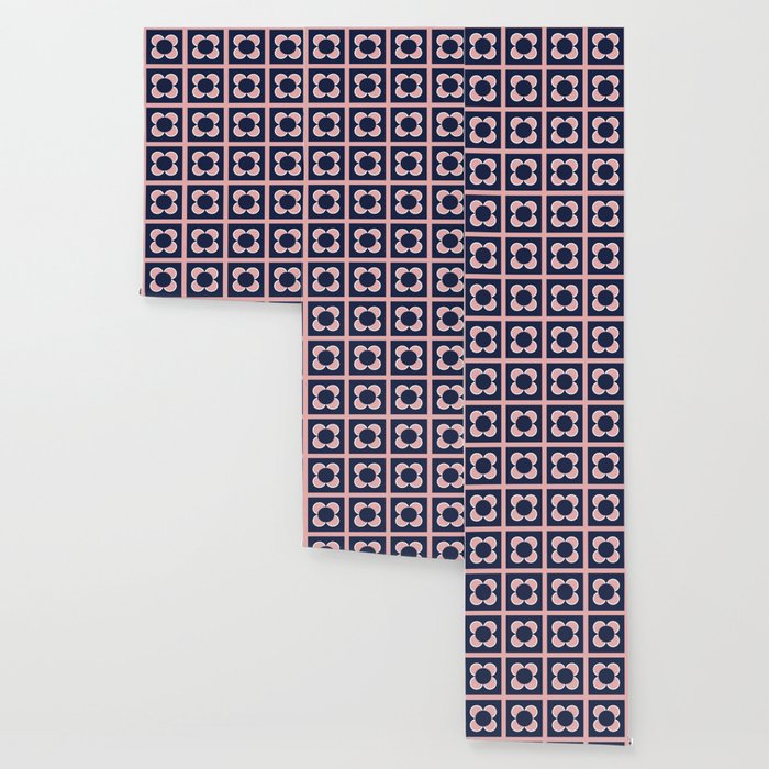 Scandi Flower Minimalist Mid Century Floral Pattern in Pink, White, and Navy Blue Wallpaper Gallery Image 3