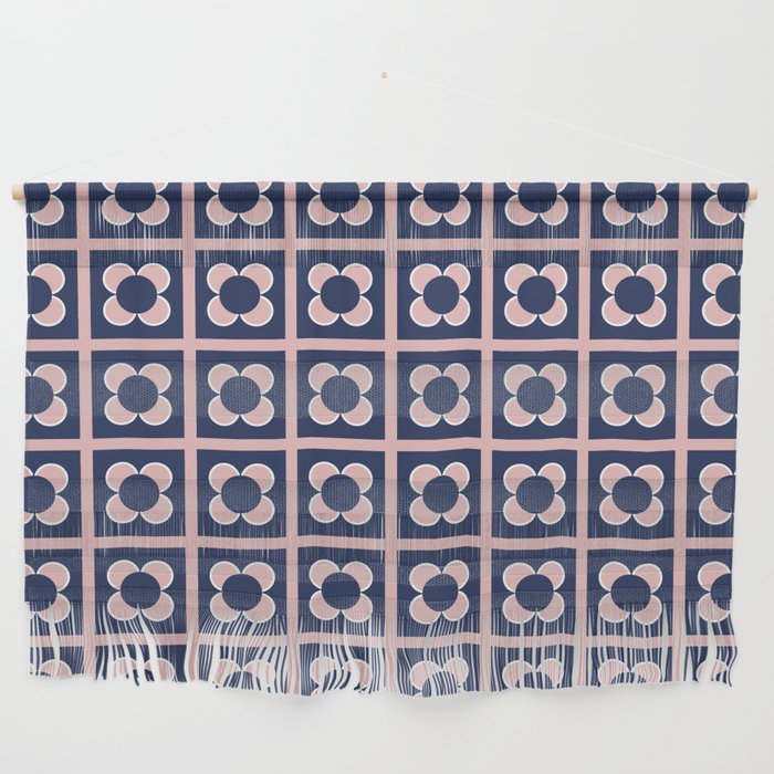 Scandi Flower Minimalist Mid Century Floral Pattern in Pink, White, and Navy Blue Wall Hanging Gallery Image 1