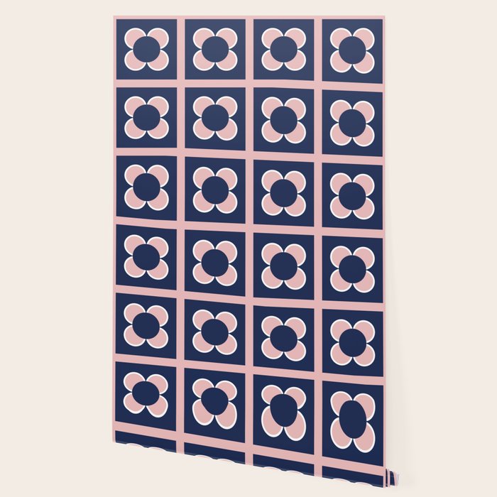 Scandi Flower Minimalist Mid Century Floral Pattern in Pink, White, and Navy Blue Wallpaper Gallery Image 2