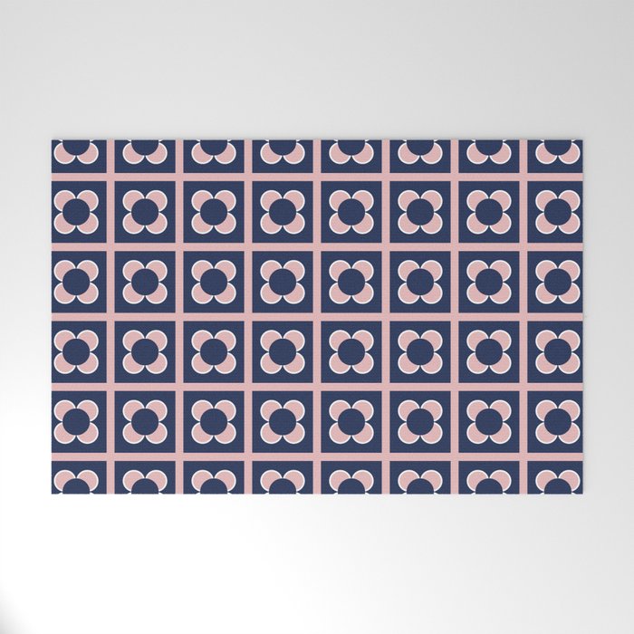 Scandi Flower Minimalist Mid Century Floral Pattern in Pink, White, and Navy Blue Welcome Mat Gallery Image 1