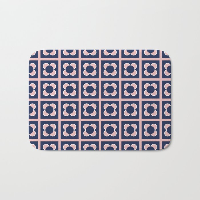 Scandi Flower Minimalist Mid Century Floral Pattern in Pink, White, and Navy Blue Bath Mat Gallery Image 1