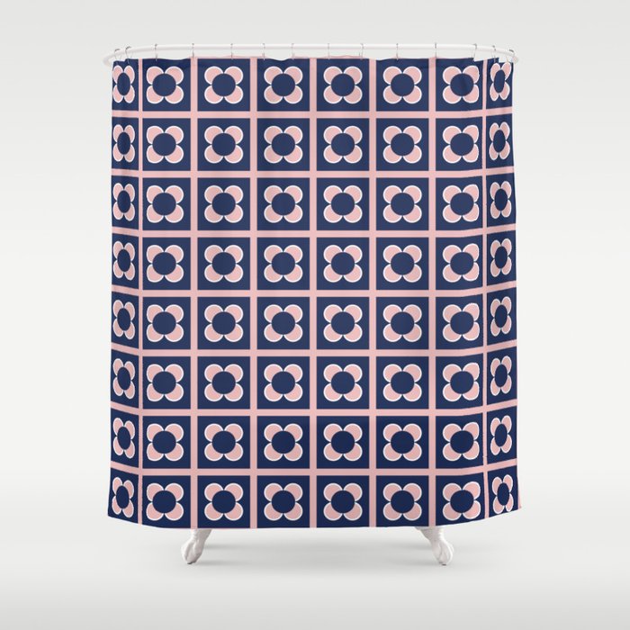 Scandi Flower Minimalist Mid Century Floral Pattern in Pink, White, and Navy Blue Shower Curtain Gallery Image 1