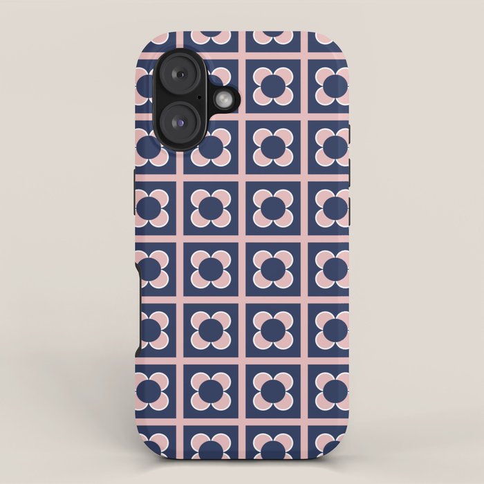 Scandi Flower Minimalist Mid Century Floral Pattern in Pink, White, and Navy Blue iPhone Case Gallery Image 1