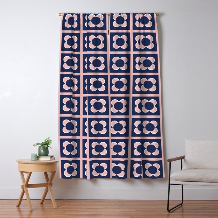 Scandi Flower Minimalist Mid Century Floral Pattern in Pink, White, and Navy Blue Window Curtain Gallery Image 1