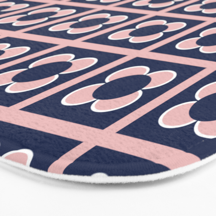 Scandi Flower Minimalist Mid Century Floral Pattern in Pink, White, and Navy Blue Bath Mat Gallery Image 3