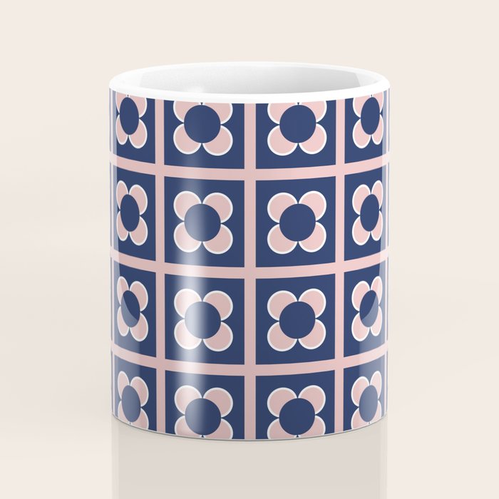 Scandi Flower Minimalist Mid Century Floral Pattern in Pink, White, and Navy Blue Coffee Mug Gallery Image 4