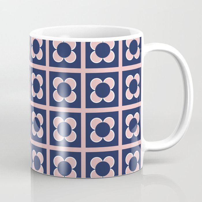 Scandi Flower Minimalist Mid Century Floral Pattern in Pink, White, and Navy Blue Coffee Mug Gallery Image 1