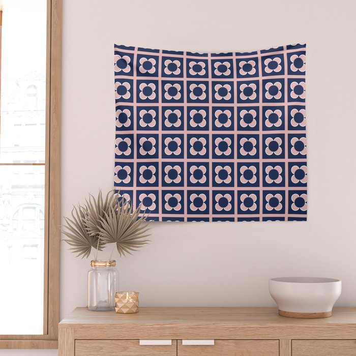 Scandi Flower Minimalist Mid Century Floral Pattern in Pink, White, and Navy Blue Wall Tapestry Gallery Image 2