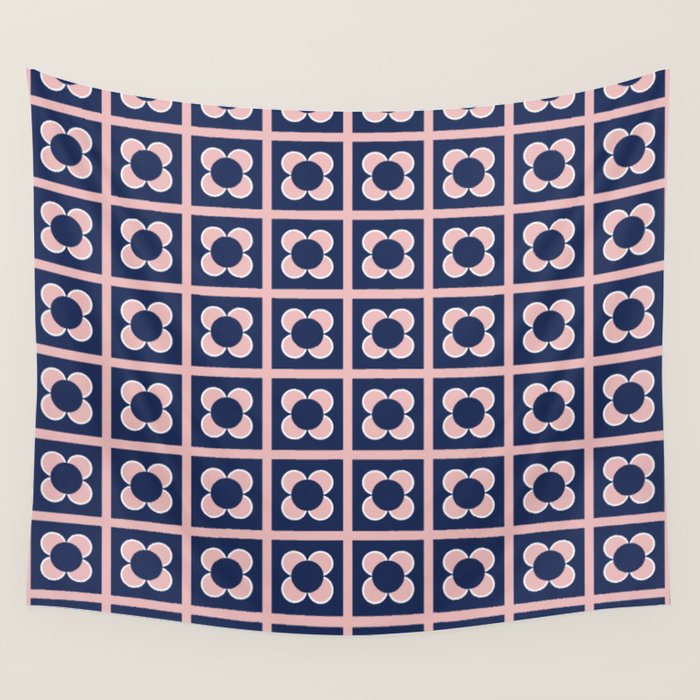 Scandi Flower Minimalist Mid Century Floral Pattern in Pink, White, and Navy Blue Wall Tapestry Gallery Image 4
