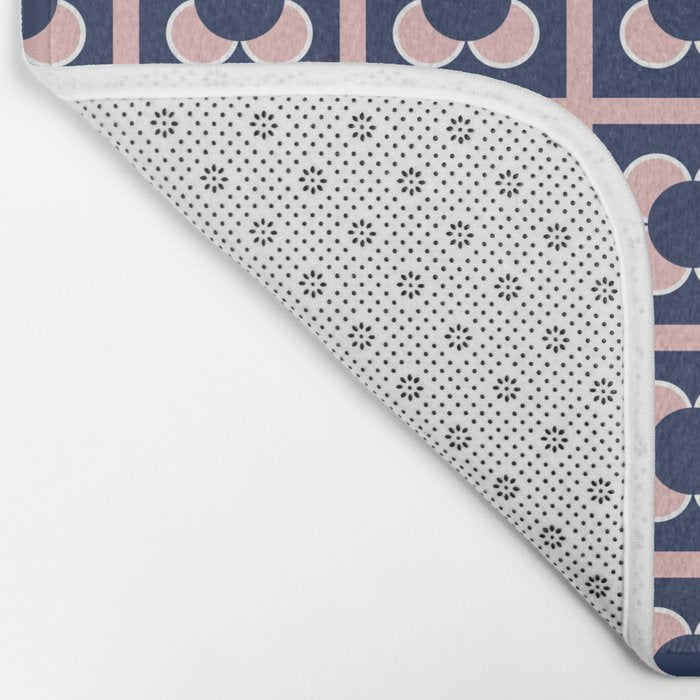 Scandi Flower Minimalist Mid Century Floral Pattern in Pink, White, and Navy Blue Bath Mat Gallery Image 2