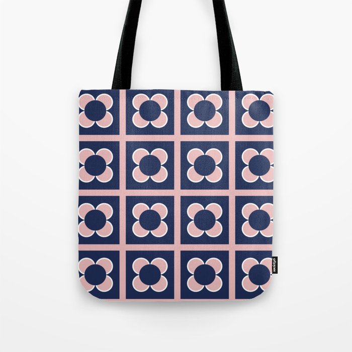 Scandi Flower Minimalist Mid Century Floral Pattern in Pink, White, and Navy Blue Tote Bag Gallery Image 1