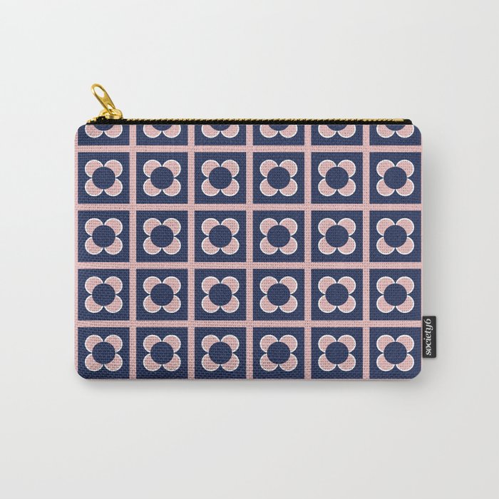 Scandi Flower Minimalist Mid Century Floral Pattern in Pink, White, and Navy Blue Carry All Pouch Gallery Image 1