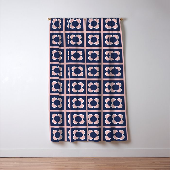 Scandi Flower Minimalist Mid Century Floral Pattern in Pink, White, and Navy Blue Window Curtain Gallery Image 3