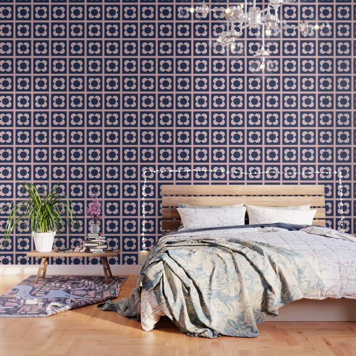 Scandi Flower Minimalist Mid Century Floral Pattern in Pink, White, and Navy Blue Wallpaper Gallery Image 3
