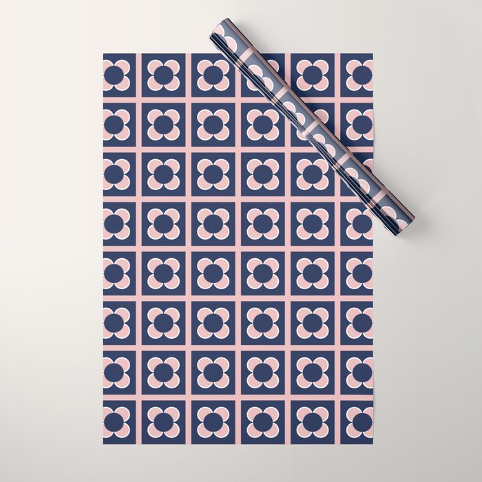 Scandi Flower Minimalist Mid Century Floral Pattern in Pink, White, and Navy Blue Wrapping Paper Gallery Image 1