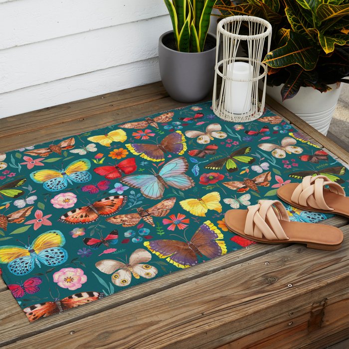 Cutie Butterfly Family - darkbg Outdoor Rug Gallery Image 2