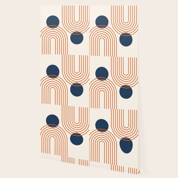Mid Century Modern Geometric 195 in Navy Blue Orange Wallpaper Gallery Image 2
