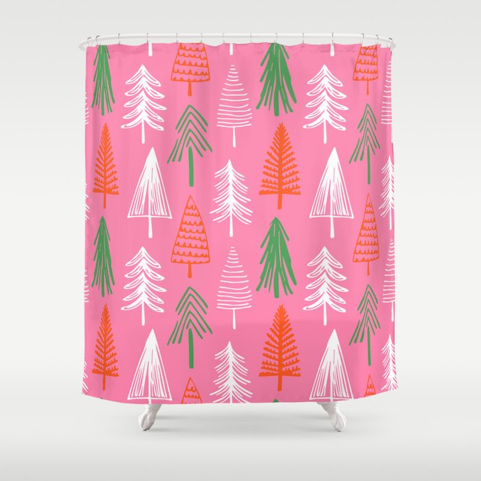 Pink christmas pine tree doodle pattern Shower Curtain Gallery Image 1