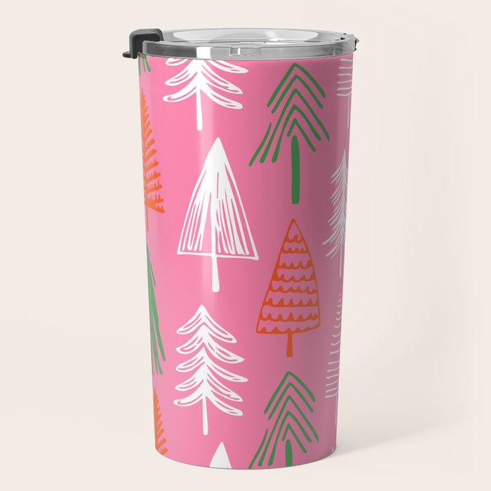 Pink christmas pine tree doodle pattern Travel Mug Gallery Image 3