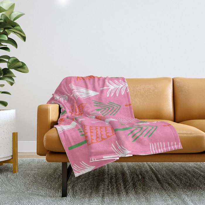 Pink christmas pine tree doodle pattern Throw Blanket Gallery Image 1