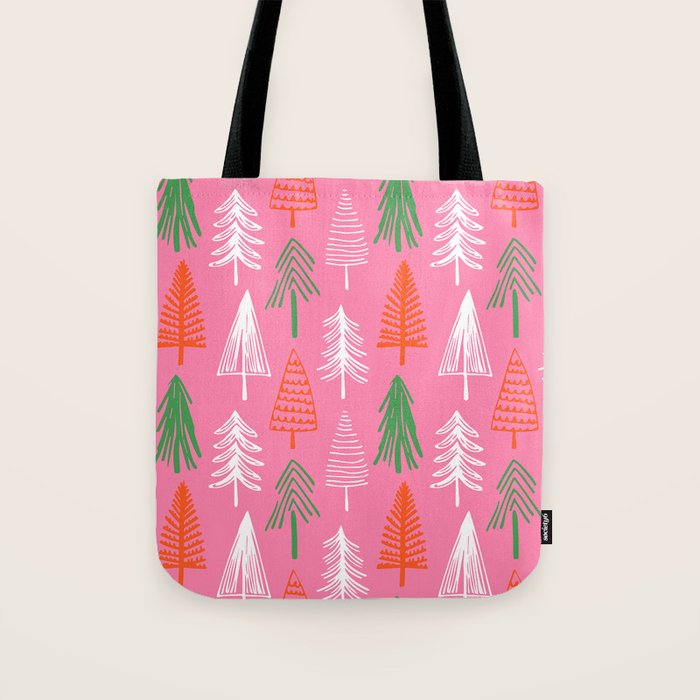 Pink christmas pine tree doodle pattern Tote Bag Gallery Image 1