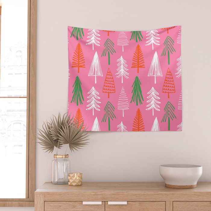 Pink christmas pine tree doodle pattern Wall Tapestry Gallery Image 2