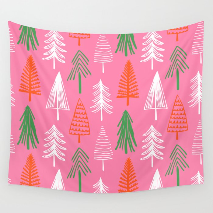Pink christmas pine tree doodle pattern Wall Tapestry Gallery Image 4
